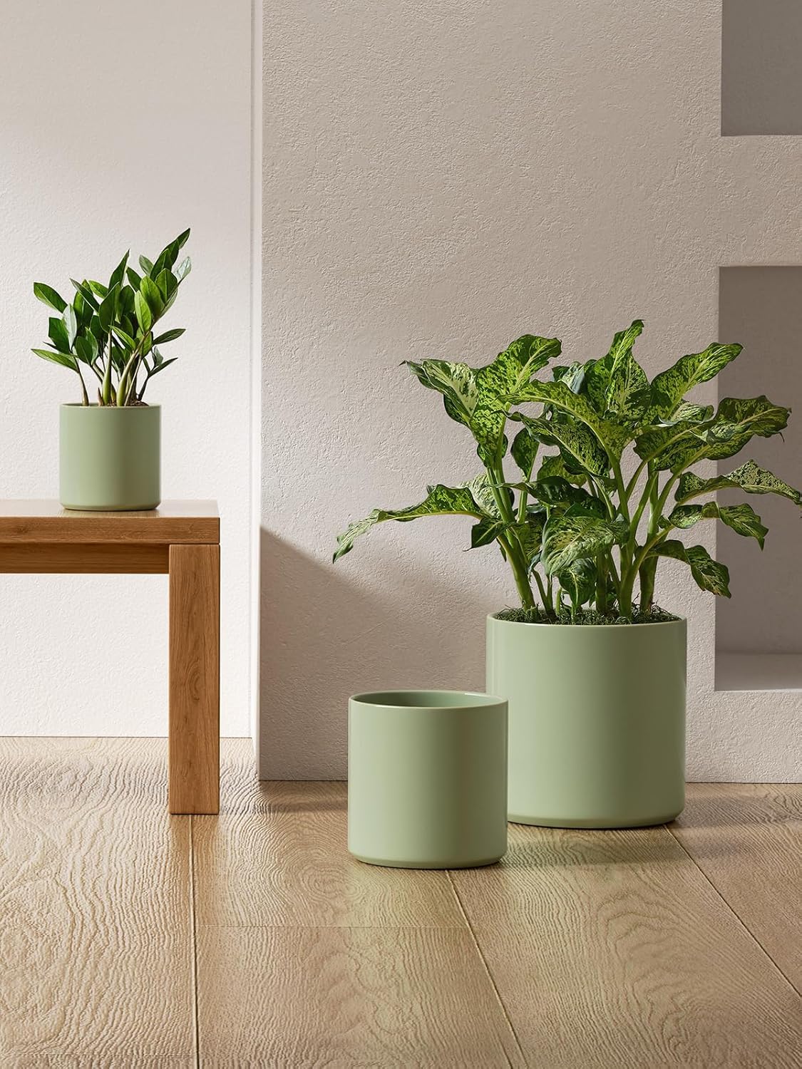 Ceramic Plant Pots Set 3 Sage Green Indoor Planters Drainage