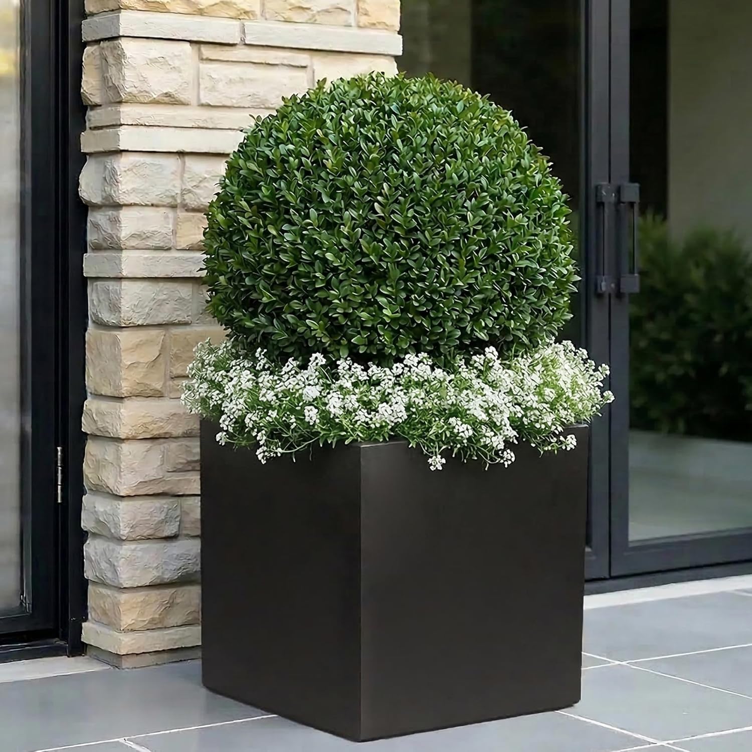 40cm Black Square Planter Stone Effect Garden Pot Drainage