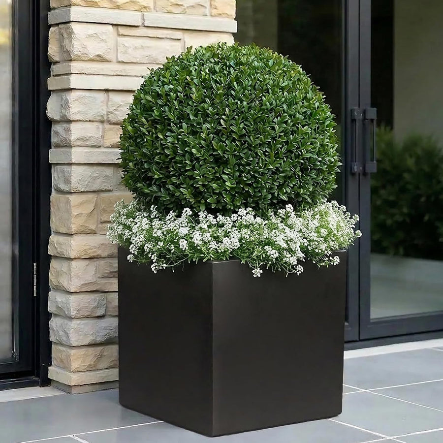 40cm Black Square Planter Stone Effect Garden Pot Drainage