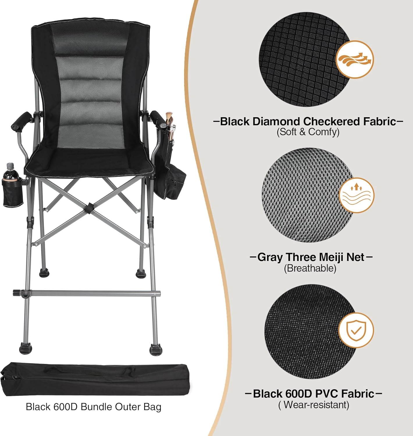 Tall Folding Directors Chair with Footrest Portable Camping Chair Black Gray