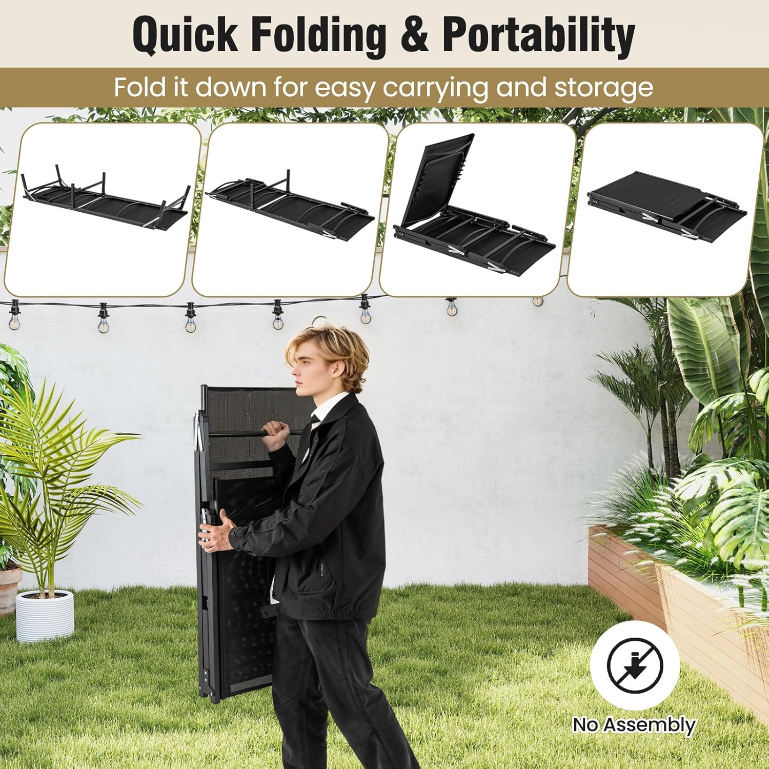 Folding Sun Lounger 5 Position Reclining Garden Chair Grey