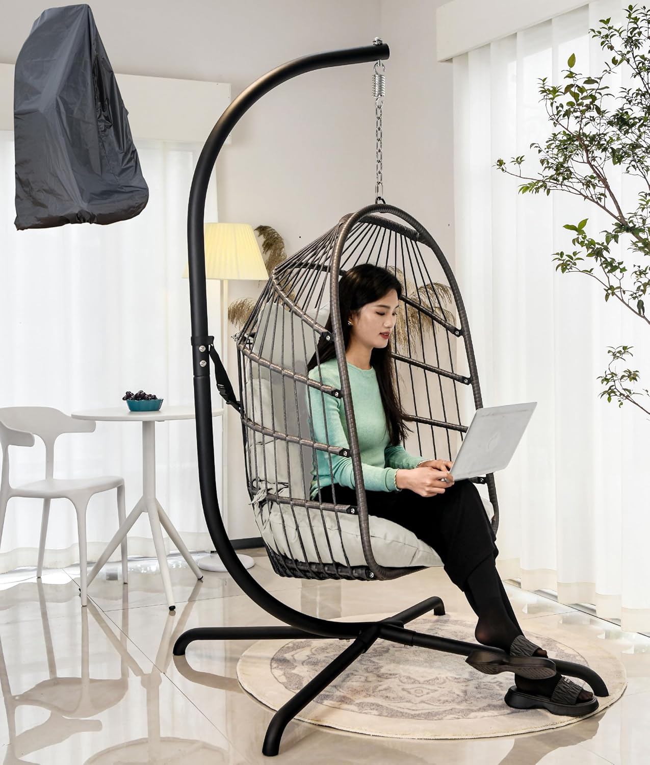 Egg Chair with Stand Cushion Cover Foldable Grey