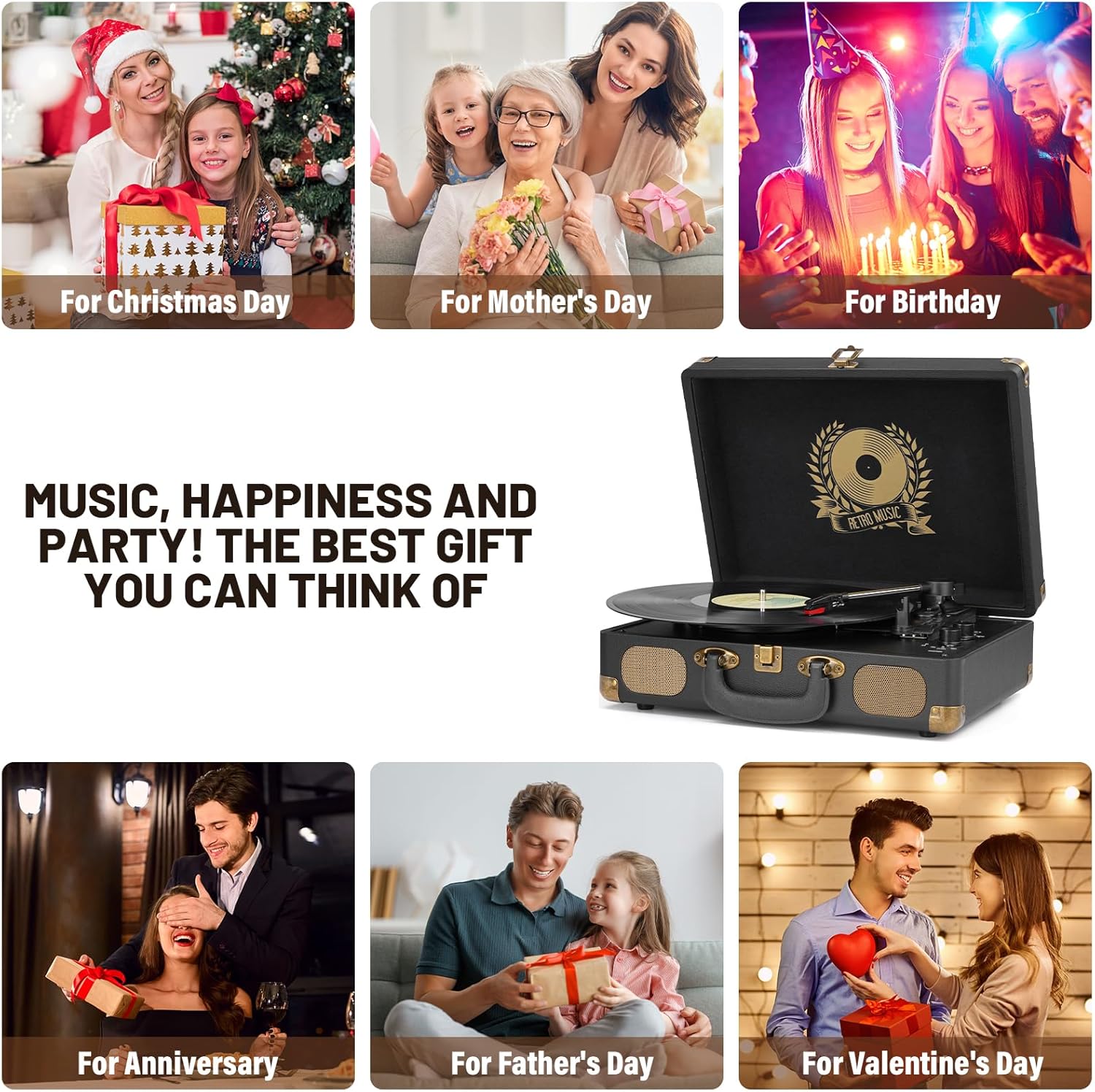 3-Speed Bluetooth Vinyl Record Player with USB, Built-In Speakers