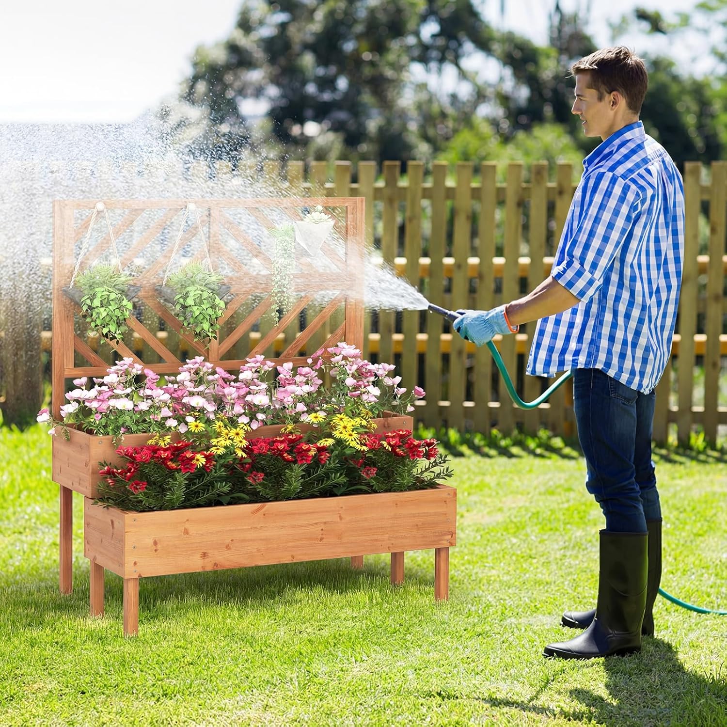 Wooden Raised Garden Planter with Trellis 2 Tier Plant Bed 135cm