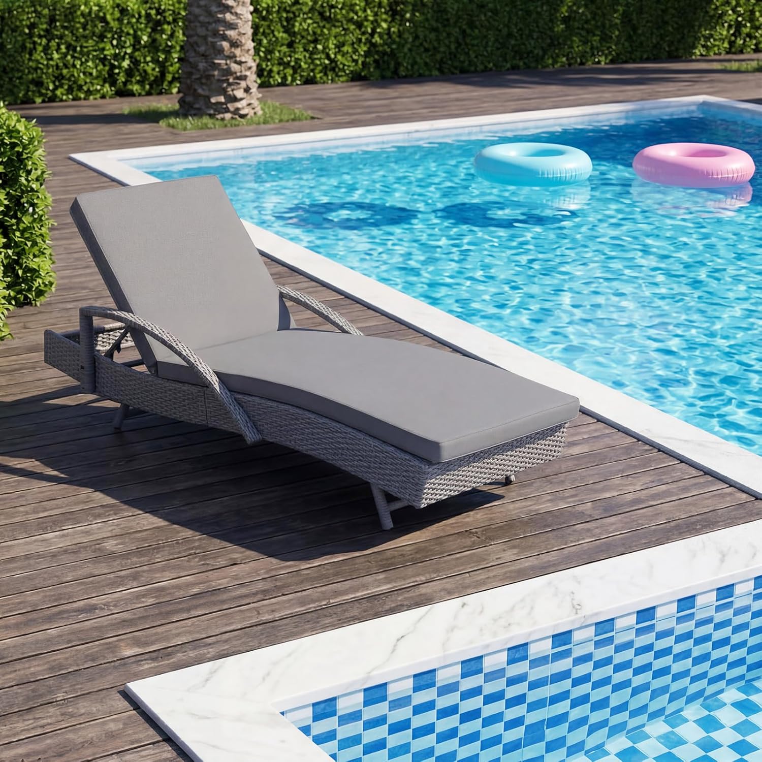 Rattan Sun Lounger Recliner Bed with Cushion Garden Grey
