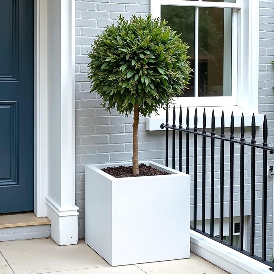 30cm White Square Planter Stone Effect Garden Pot Drainage