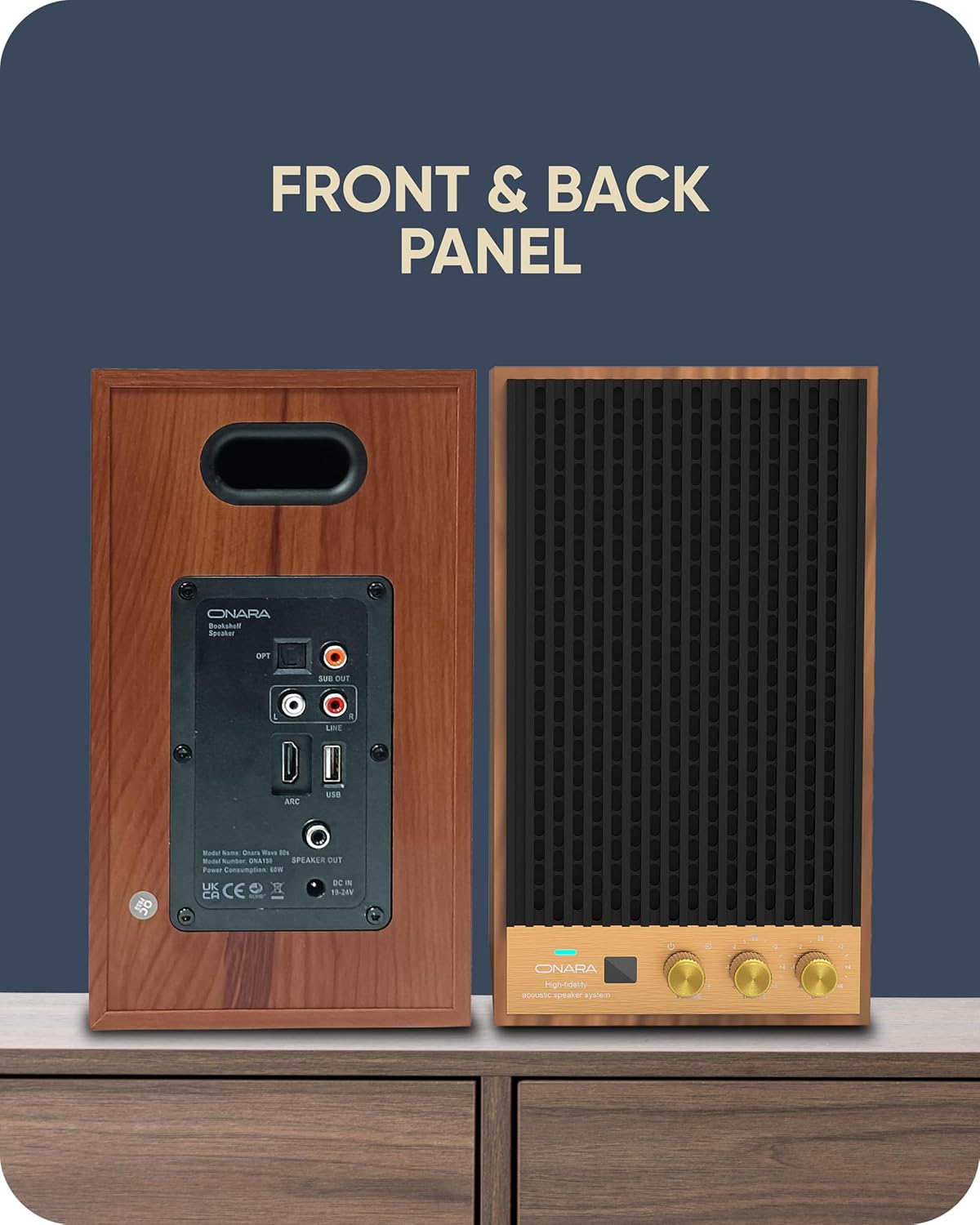 60W Bluetooth 5.3 Bookshelf Speakers Retro Wood HDMI ARC Optical USB