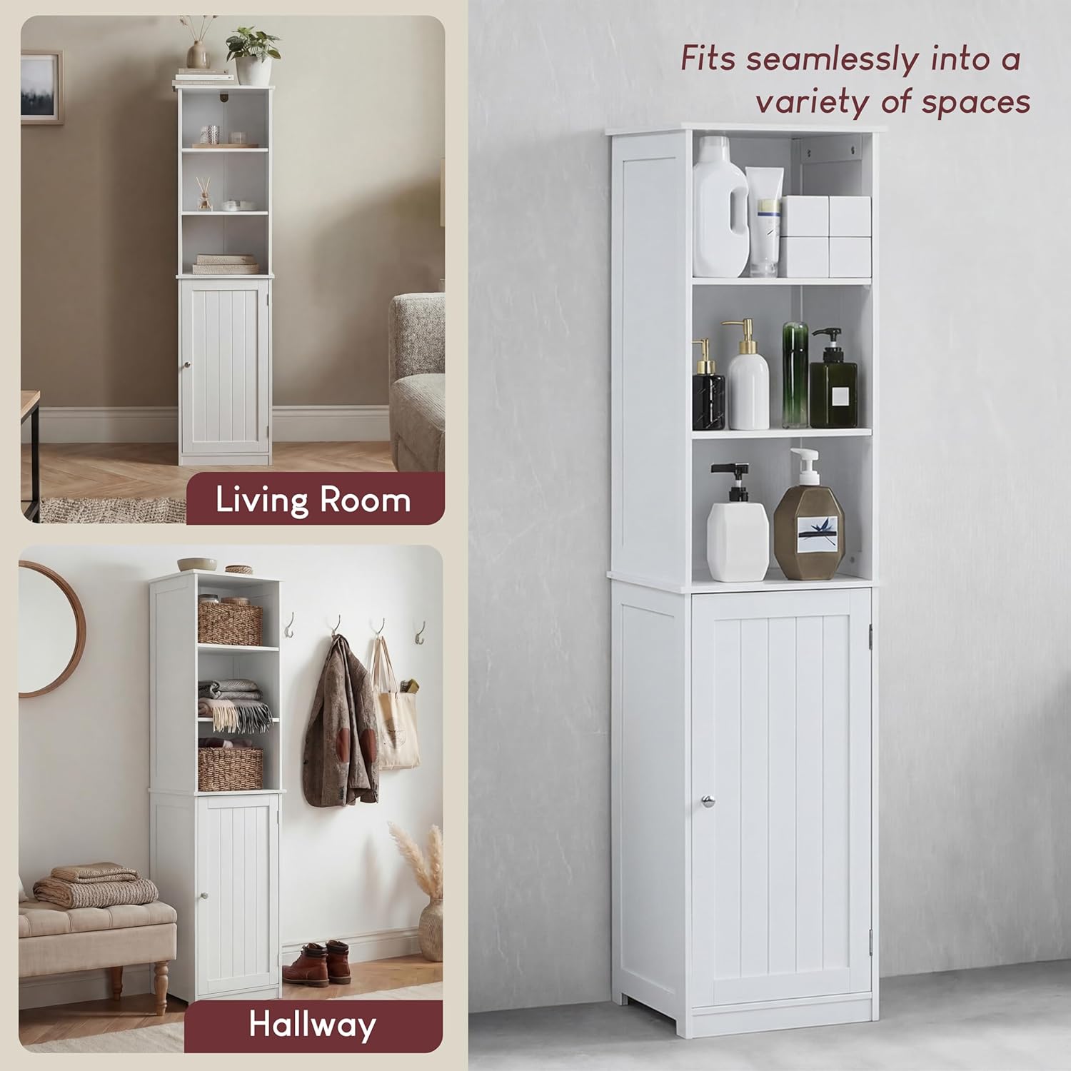 White Tall Bathroom Cabinet Floor Standing Storage Unit Mirror