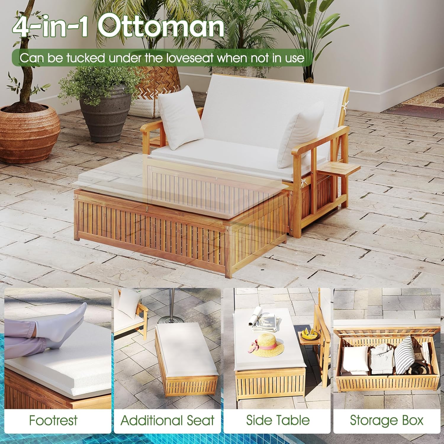 Acacia Wood Garden Daybed Double Lounger Storage Ottoman