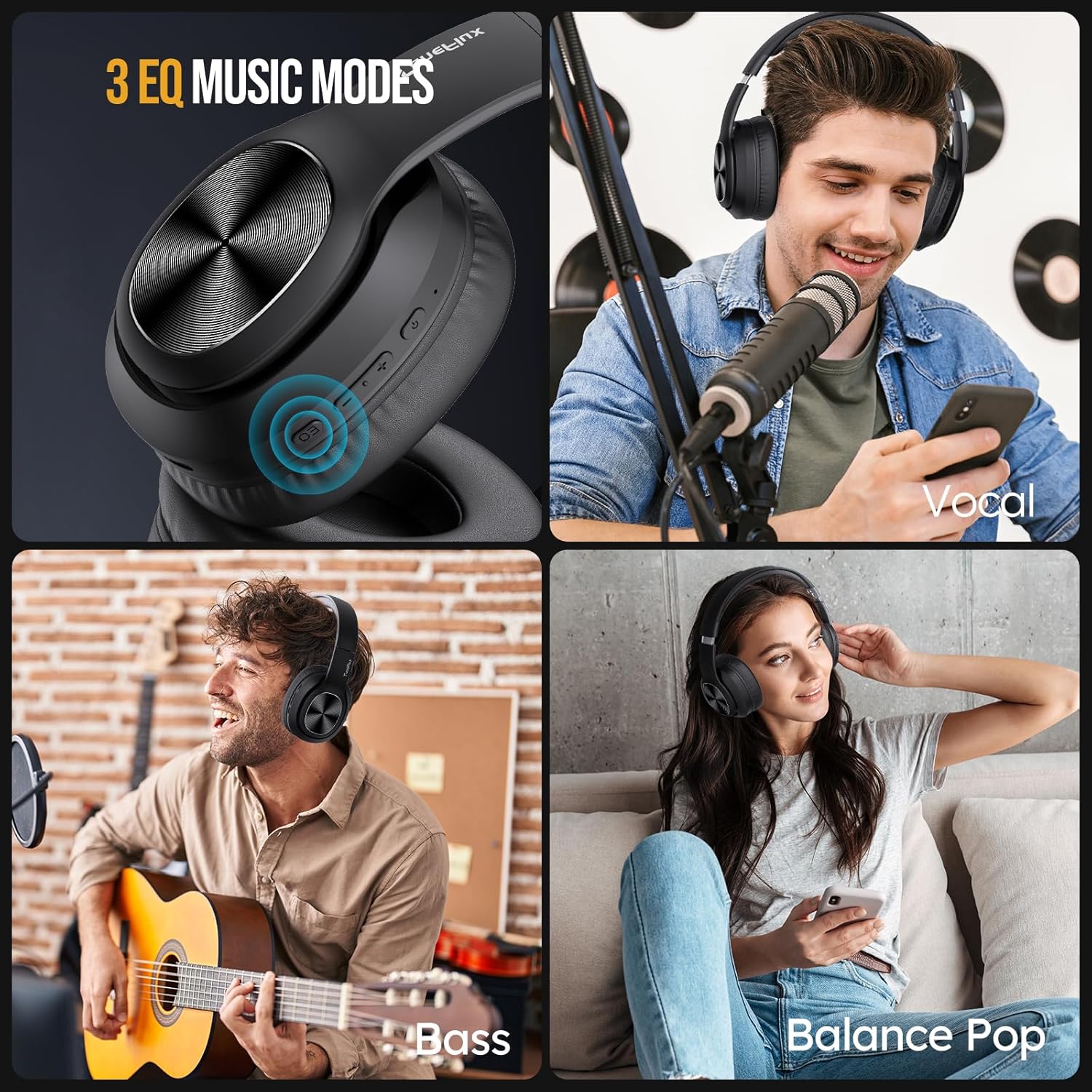 Bluetooth Over Ear Headphones 80H Playtime 3EQ Deep Bass Mic