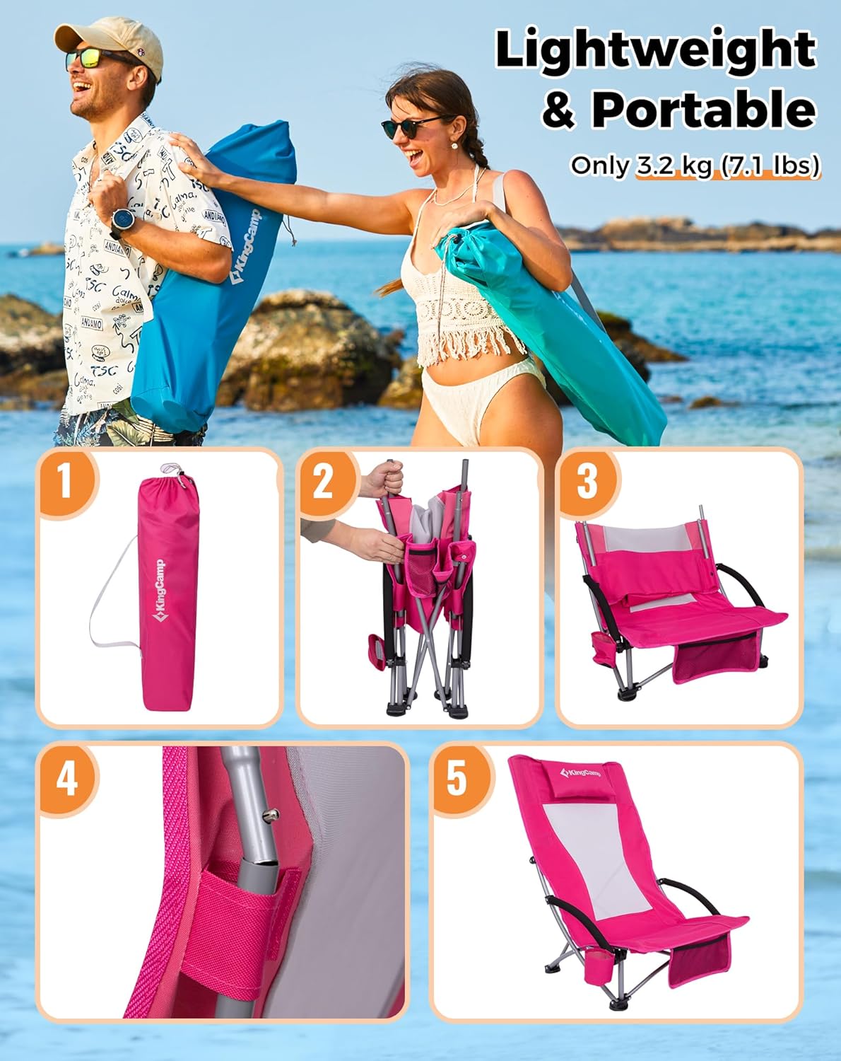 Rose Red Low Folding Beach Chair Heavy Duty Portable Mesh Seat