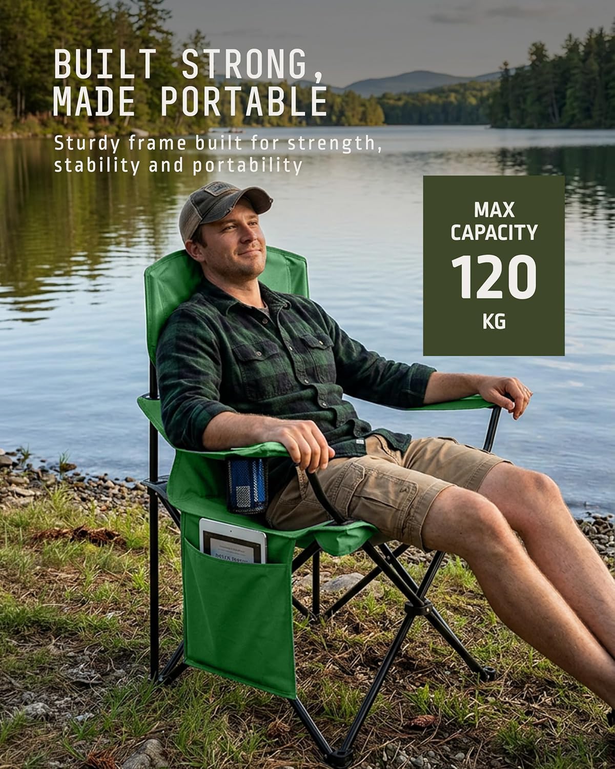 Folding Camping Chair 2 Pack Pocket Cup Holder Green