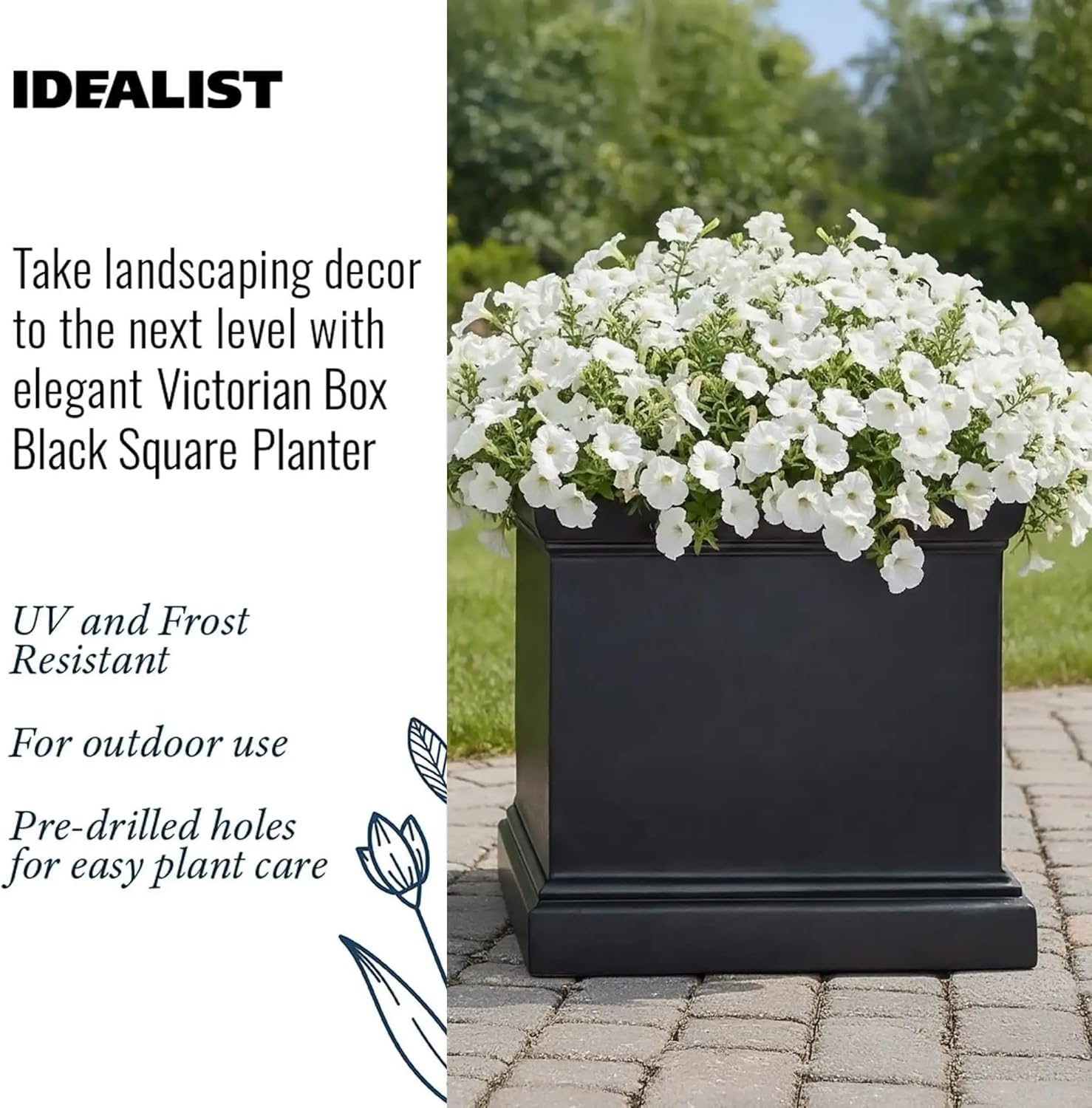 55cm Large Square Planter Black Stone Effect Garden Tree Pot