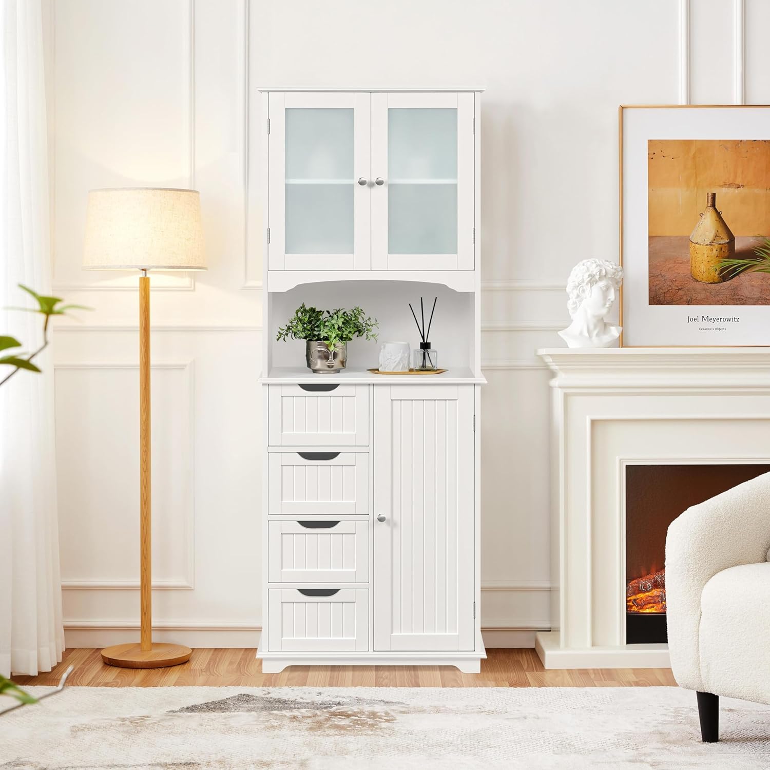 Tall Bathroom Storage Cabinet 4 Drawers Glass Doors White Unit