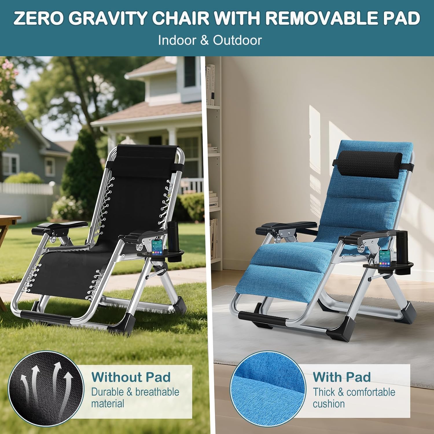 Zero Gravity Recliner Chair Folding Sun Lounger Flax Blue