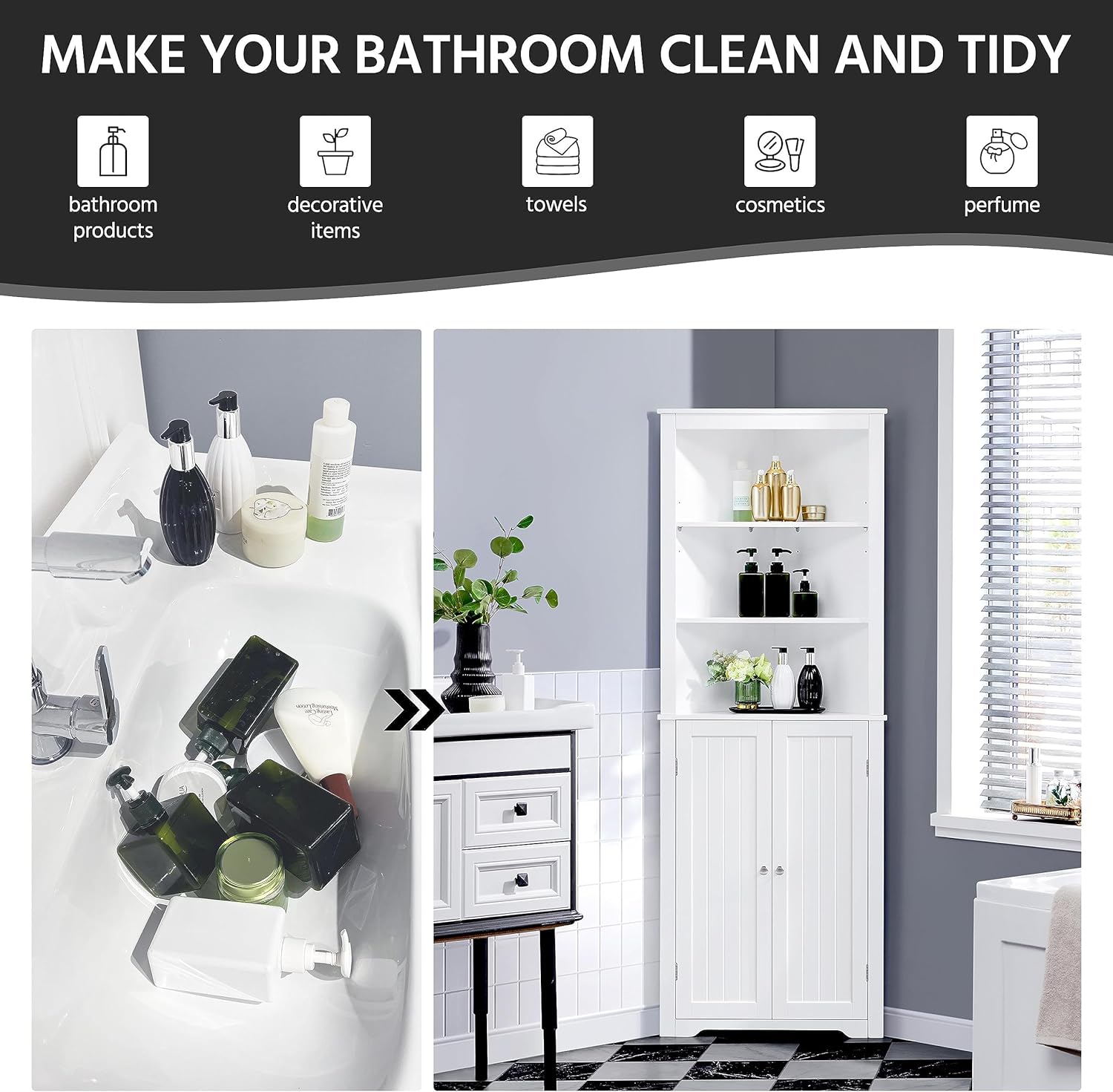 Tall Corner Bathroom Cabinet White Adjustable Shelf Unit