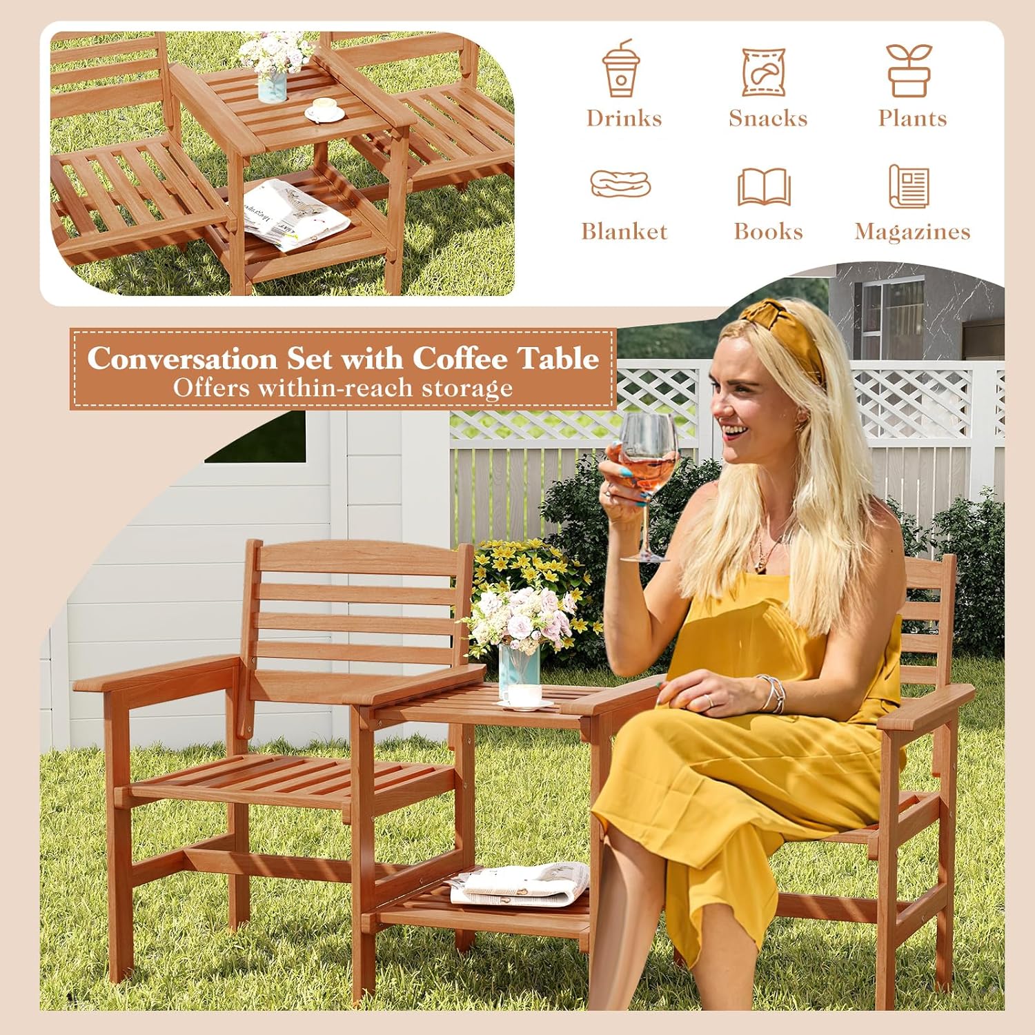 2 Seater Wooden Garden Loveseat Bench w/Table & Parasol Hole