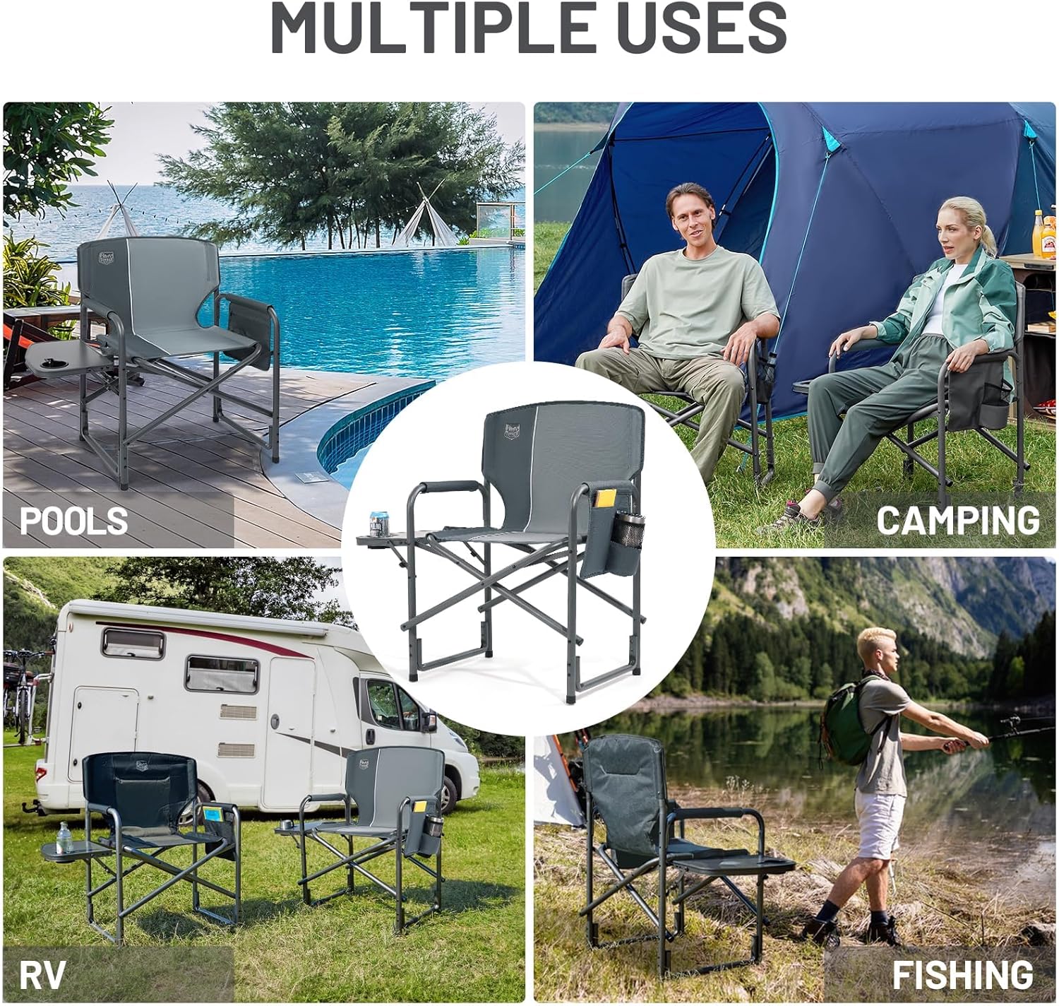 Directors Camping Chairs 2 Pack 180kg Side Table Grey