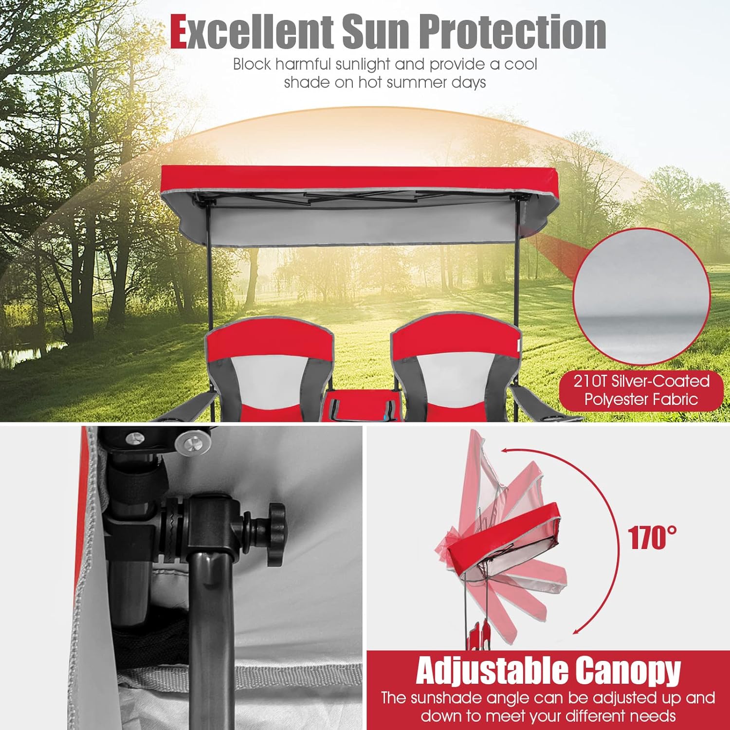 Double Camping Chair with Canopy Cooler Bag Cup Holders Red