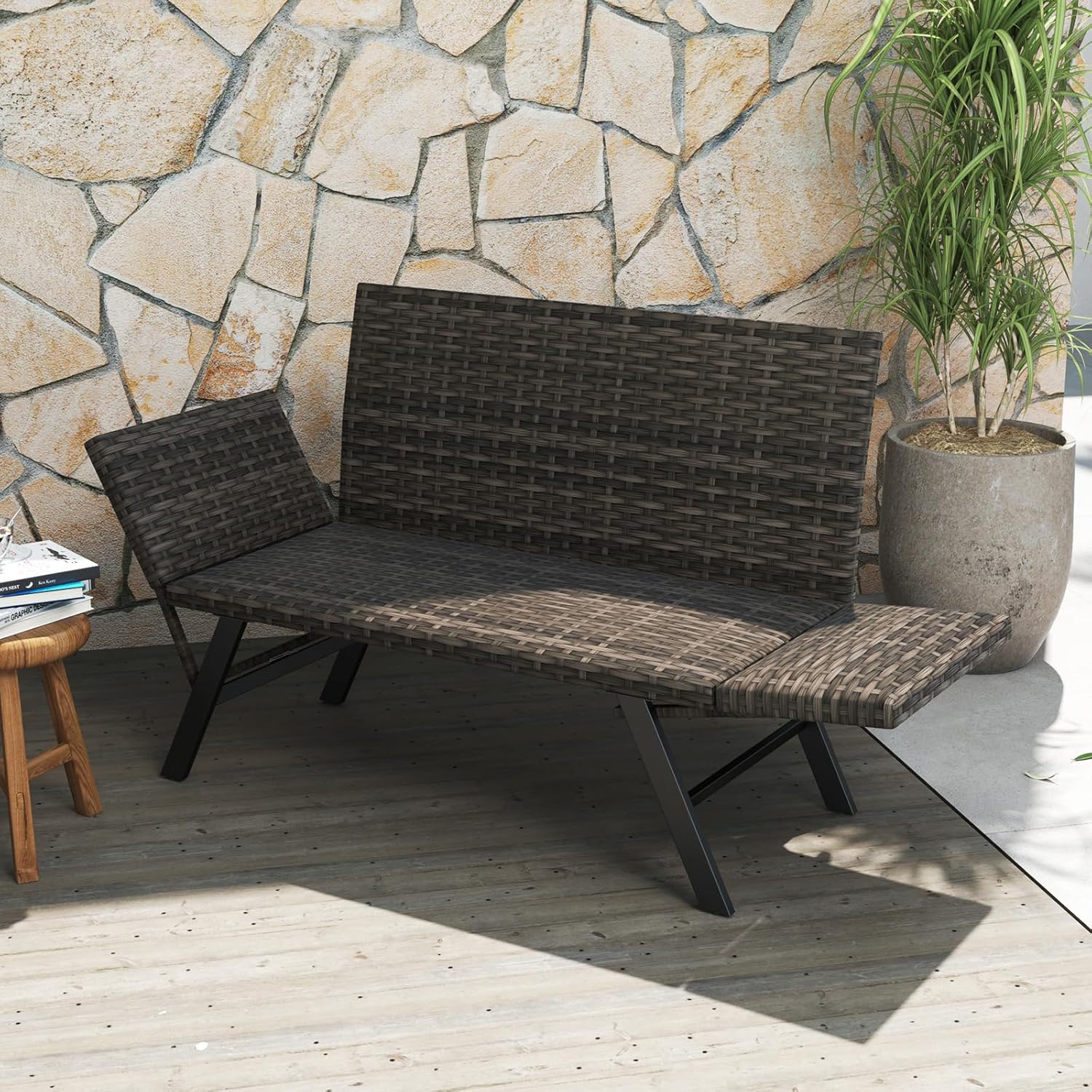 Convertible Rattan Sofa Bed Outdoor Daybed Grey