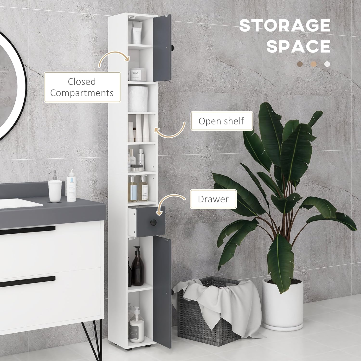 180cm Slim Bathroom Storage Cabinet 4 Shelves 2 Doors White Grey
