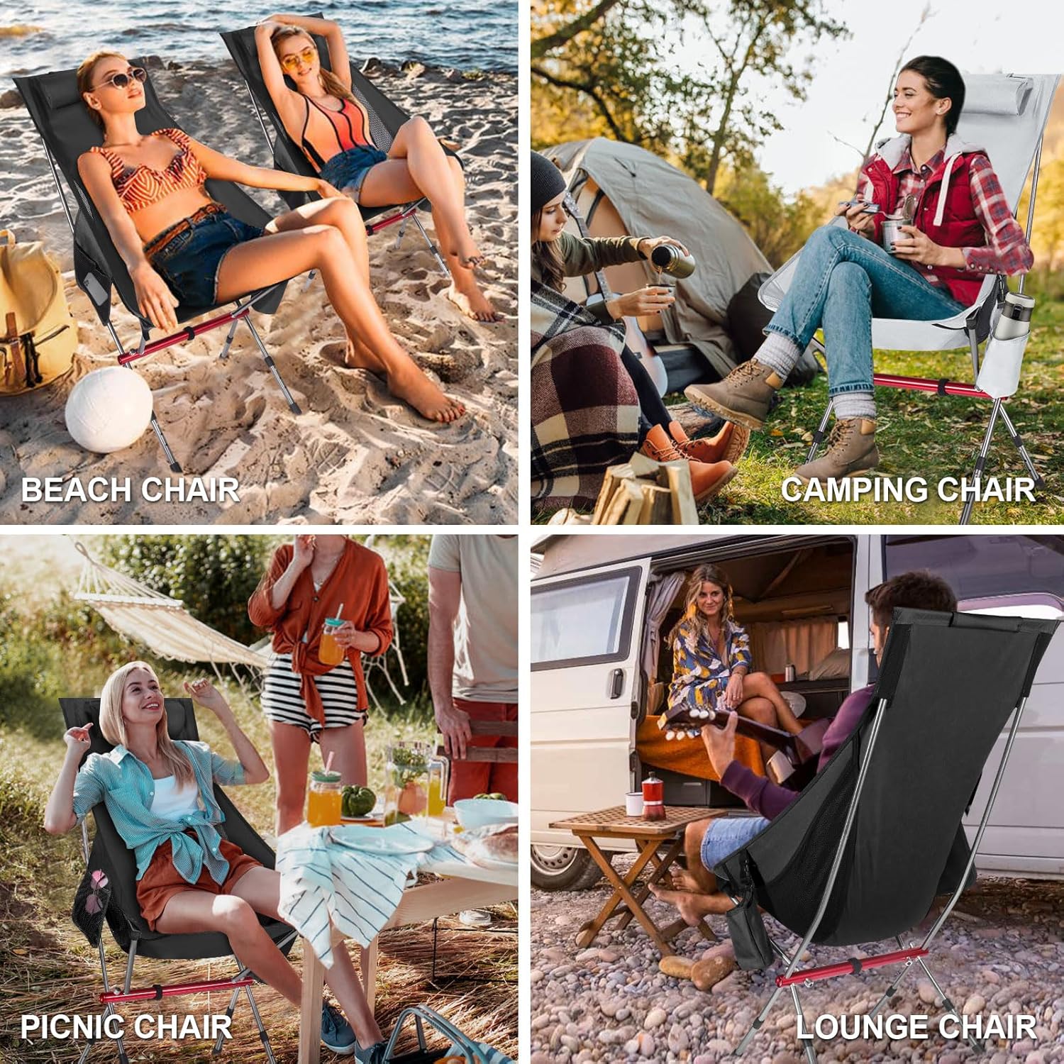 Foldable Camping Chair High Back Adjustable Black