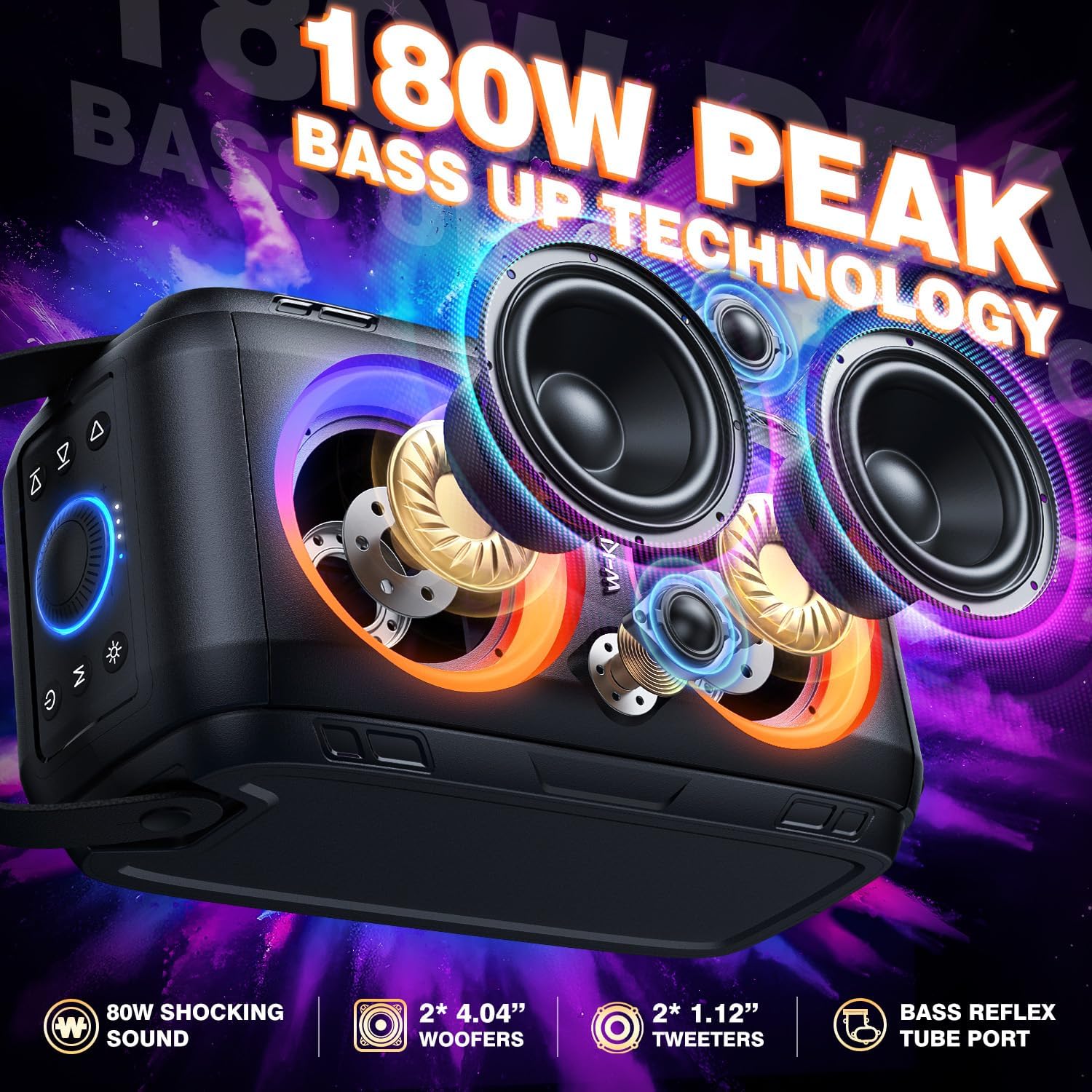 180W Portable Bluetooth Party Speaker Bass LED 24H TWS