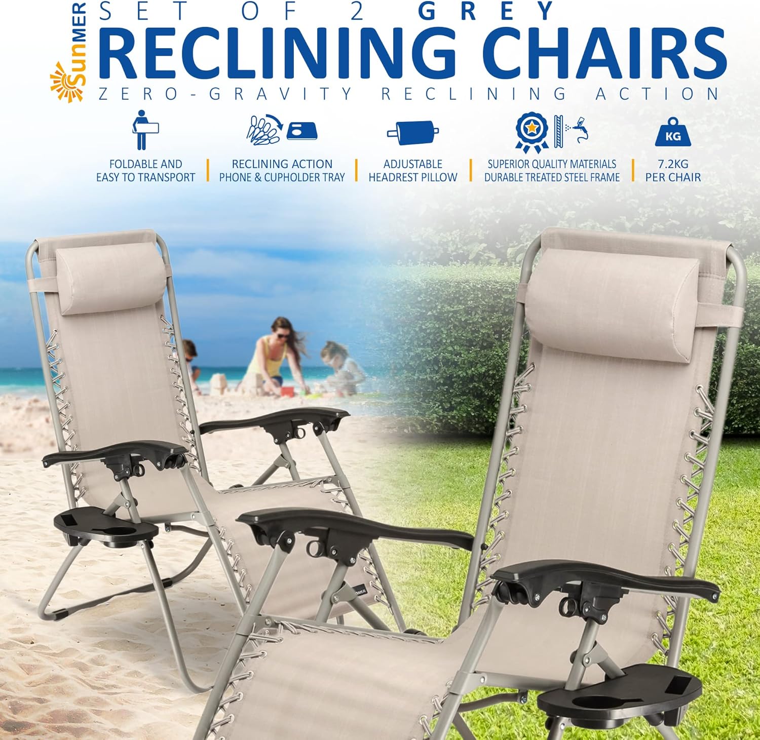 Zero Gravity Sun Loungers Set of 2 Grey Recliner Chairs