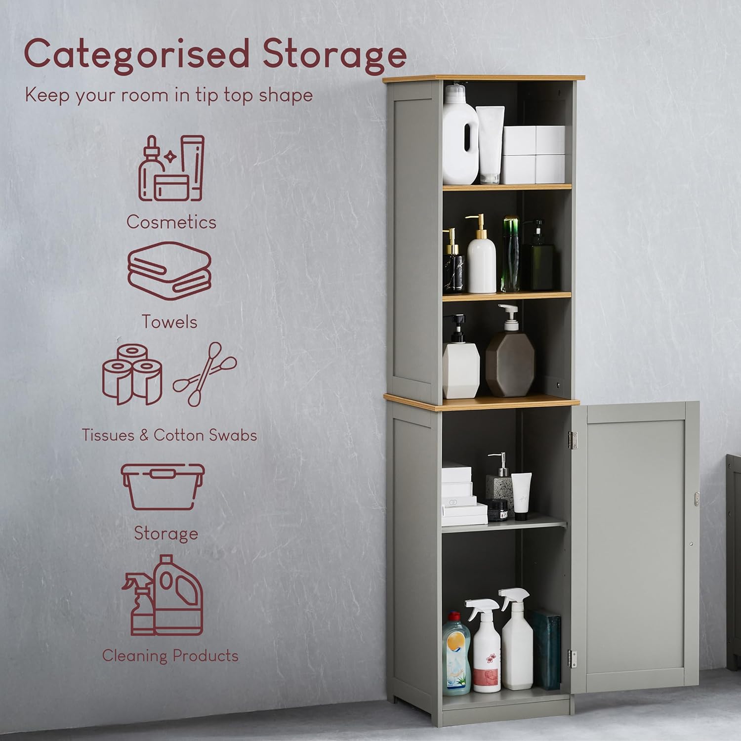 Grey Oak Tall Bathroom Cabinet Floor Standing Storage Unit