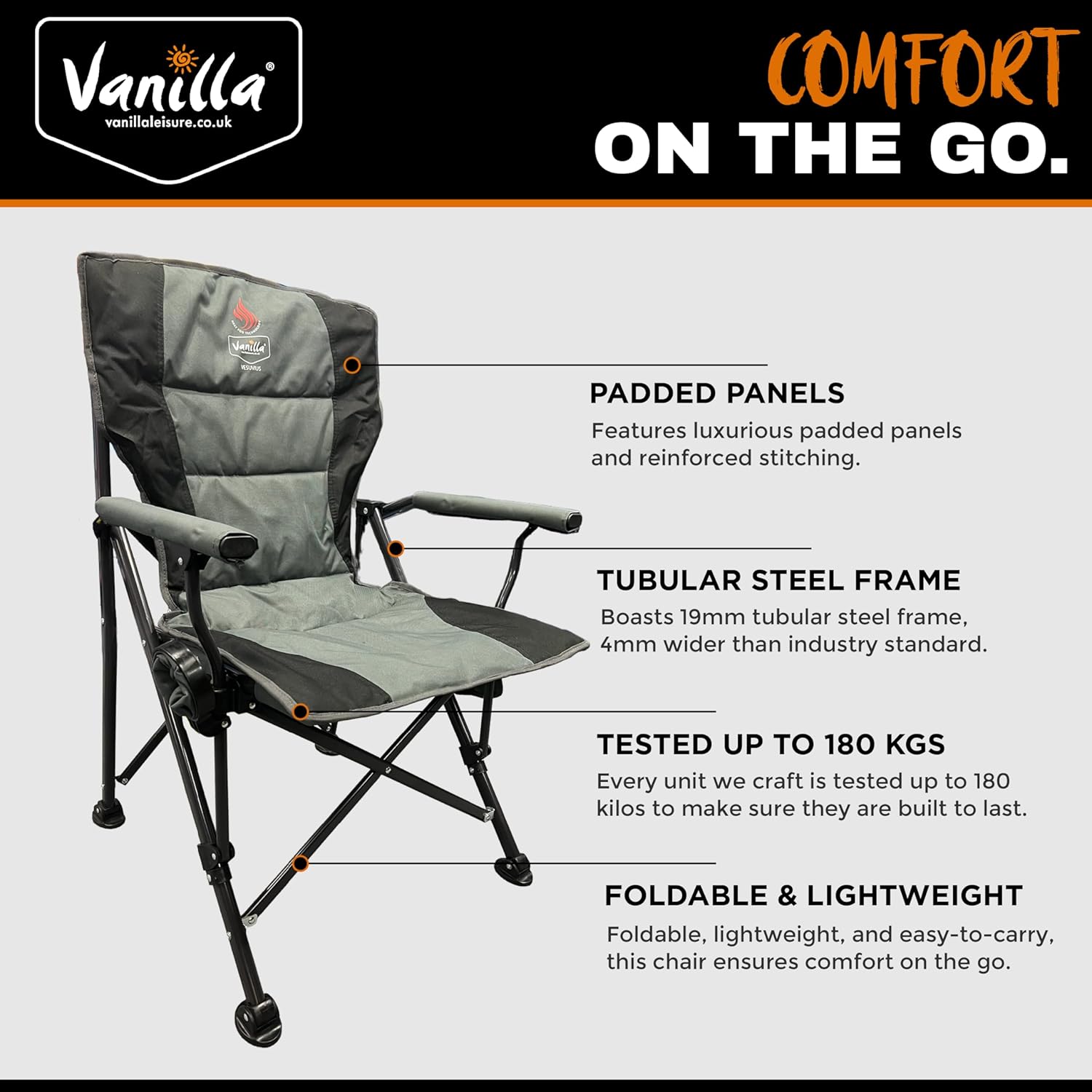 Heated Camping Chair Heavy Duty Foldable Grey
