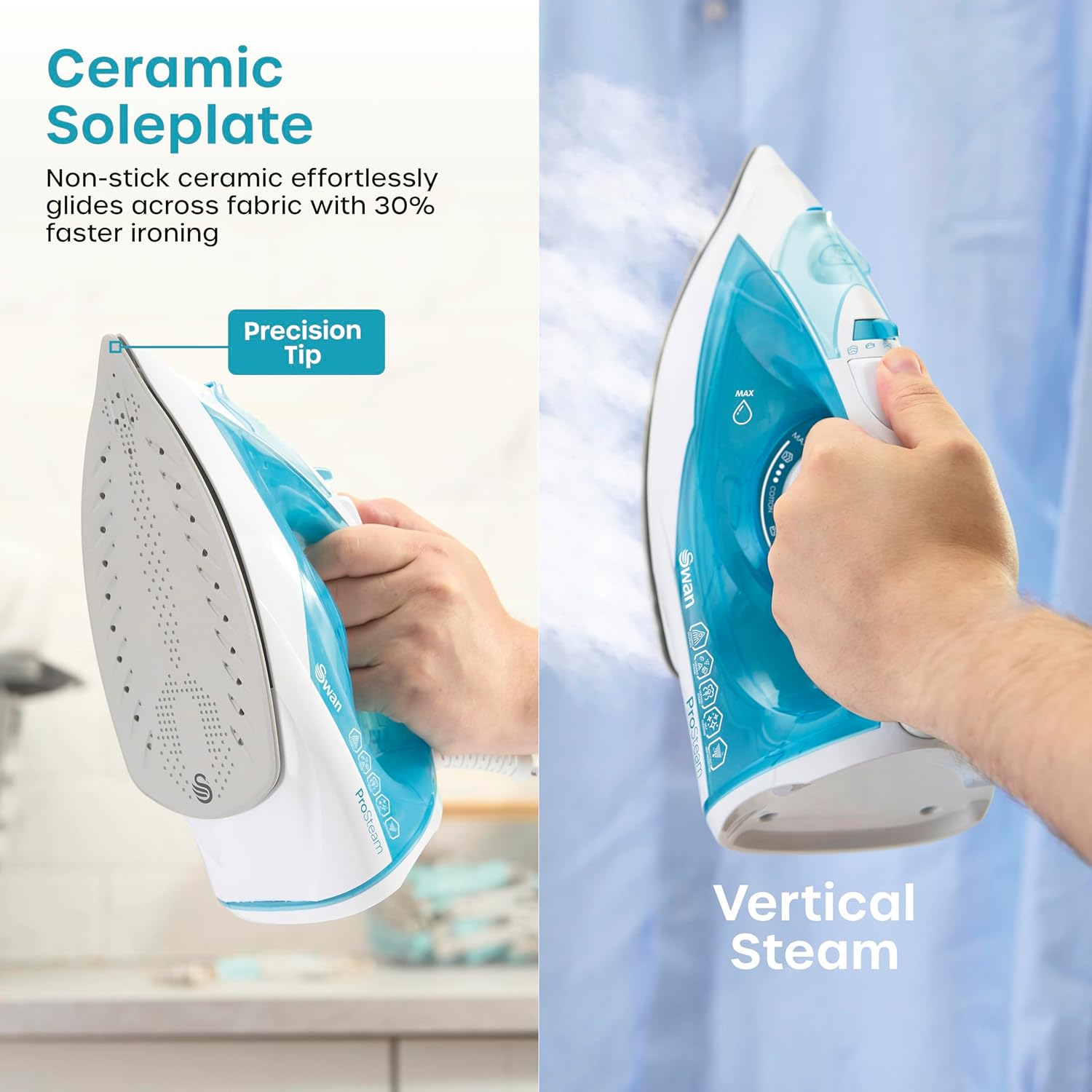 2800W Steam Iron Ceramic Soleplate 350ml Tank Anti Drip Anti Calc
