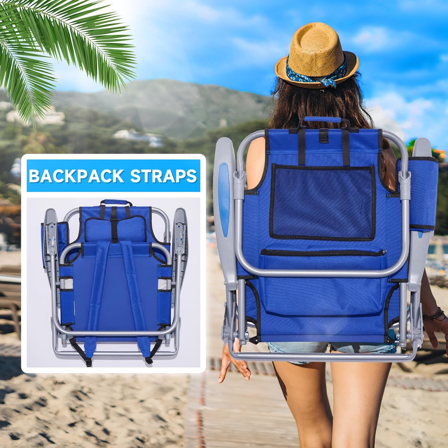 Reclining Beach Chair 5 Position Backpack Foldable Blue