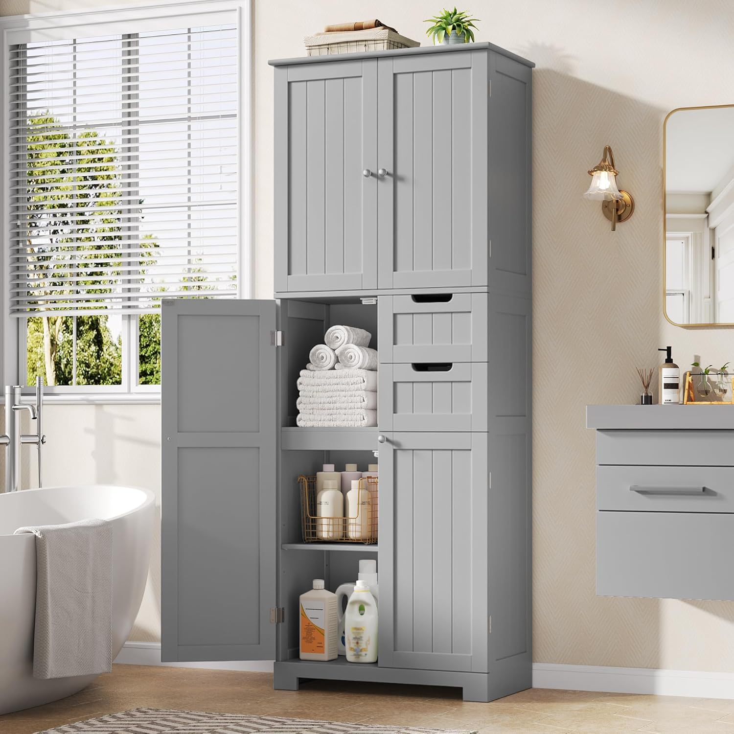 Tall Bathroom Storage Cabinet 2 Drawers Adjustable Shelves Grey