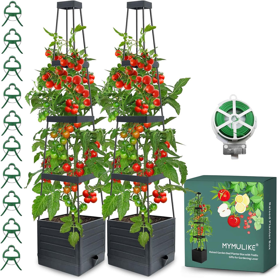 2 Pack Raised Garden Bed Planter with Trellis Self Watering Black