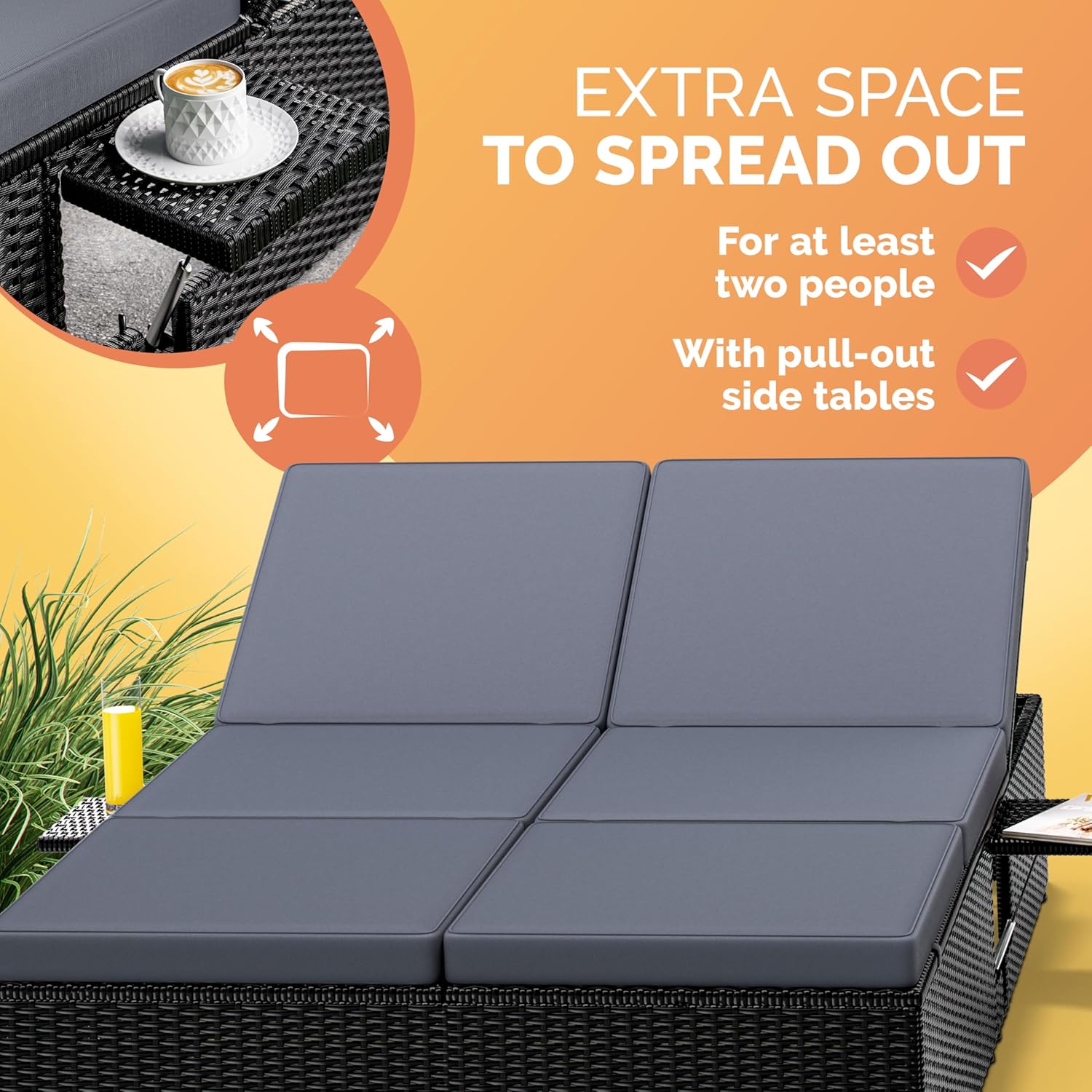Double Sun Lounger 7 Position Poly Rattan Recliner Black 200x115cm