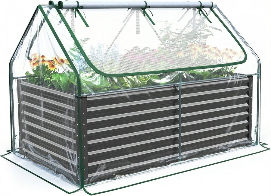 Large Raised Garden Bed with Greenhouse Cover 185x95cm Steel