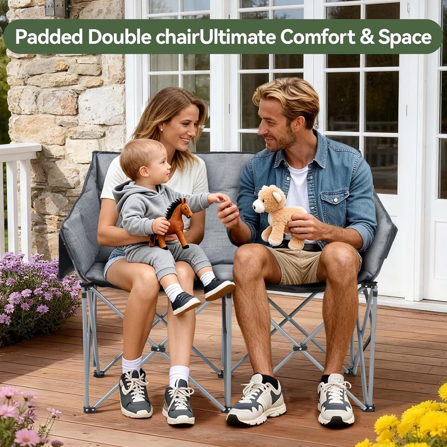 Double Camping Chair 2 Seater Padded Folding Sofa Grey