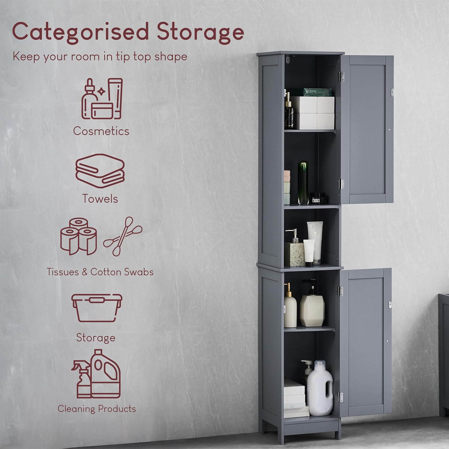Tall Bathroom Storage Cabinet Grey 2 Door Tallboy Unit