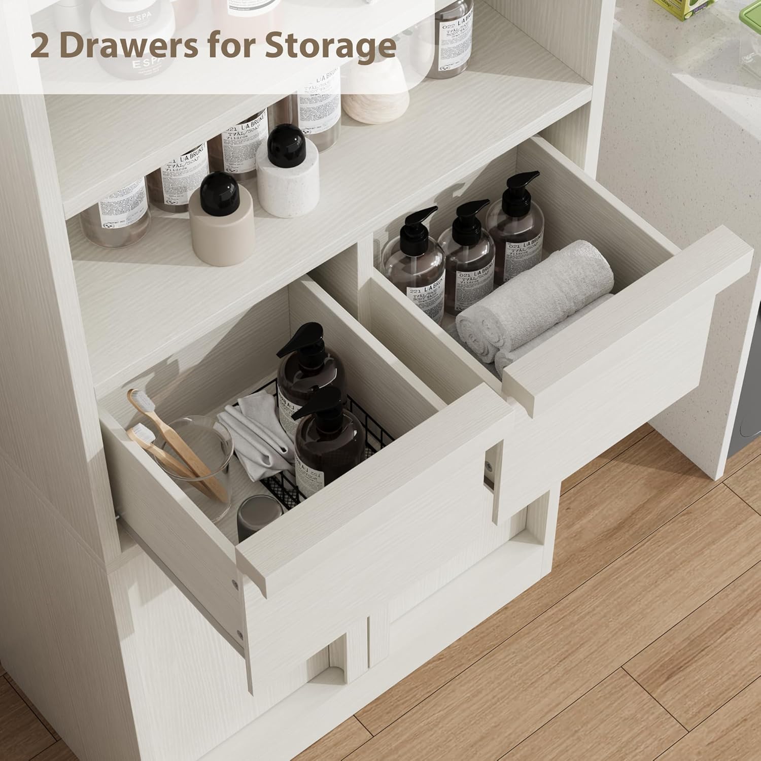 Tall Bathroom Storage Cabinet White 2 Drawers Door Unit