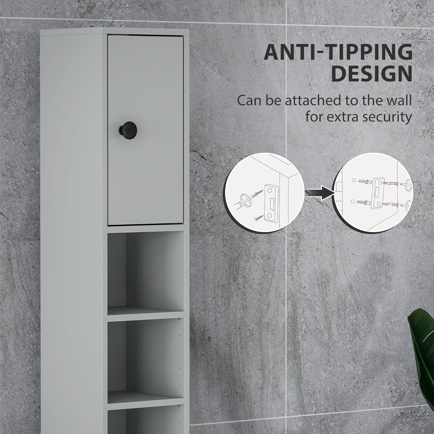180cm Slim Bathroom Storage Cabinet 4 Shelves 2 Doors Grey