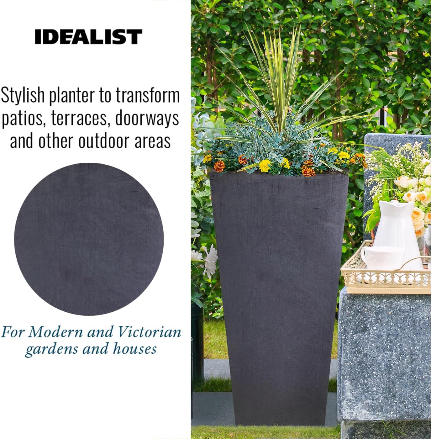 89cm Extra Large Tall Planter Dark Grey Stone Effect Garden Pot