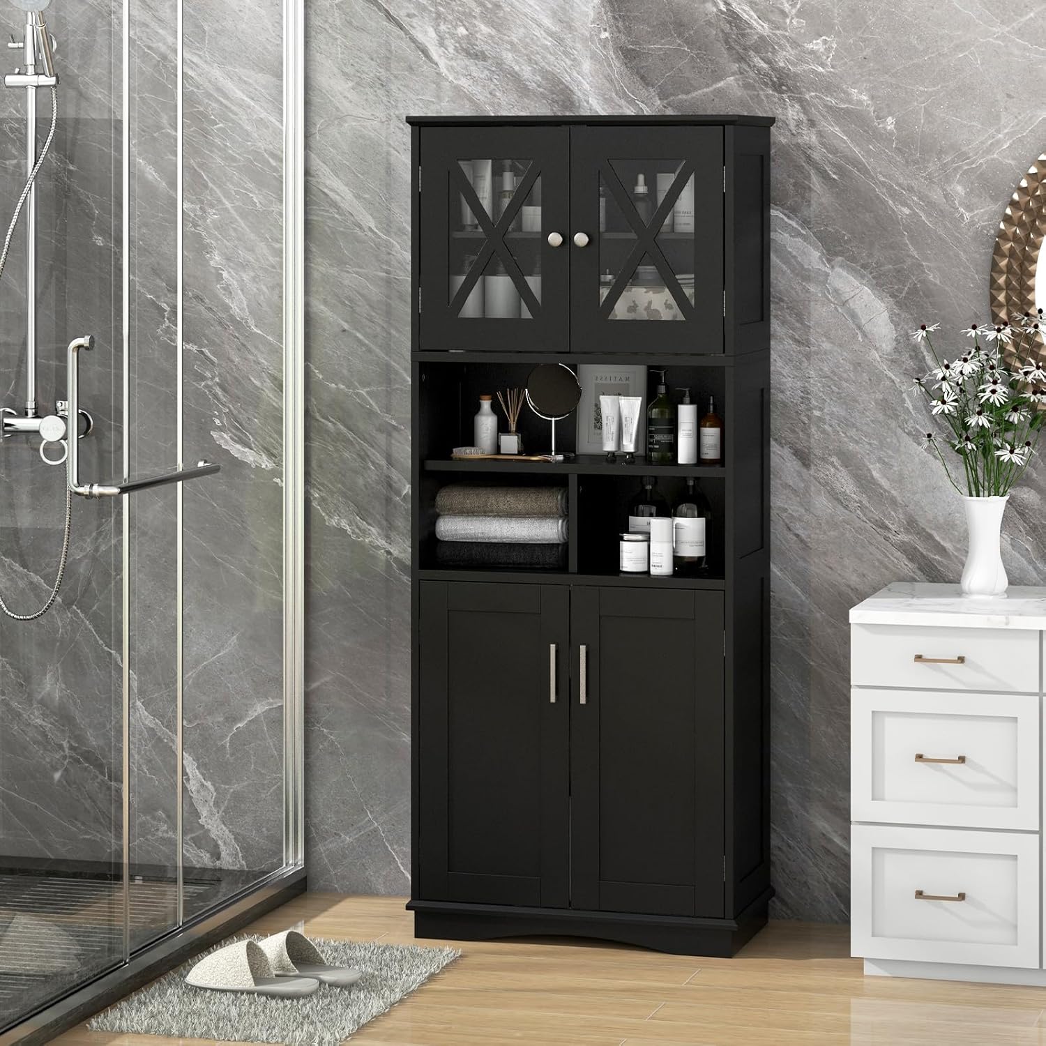 Black Tallboy Bathroom Cabinet 4 Door Shelf Storage Unit
