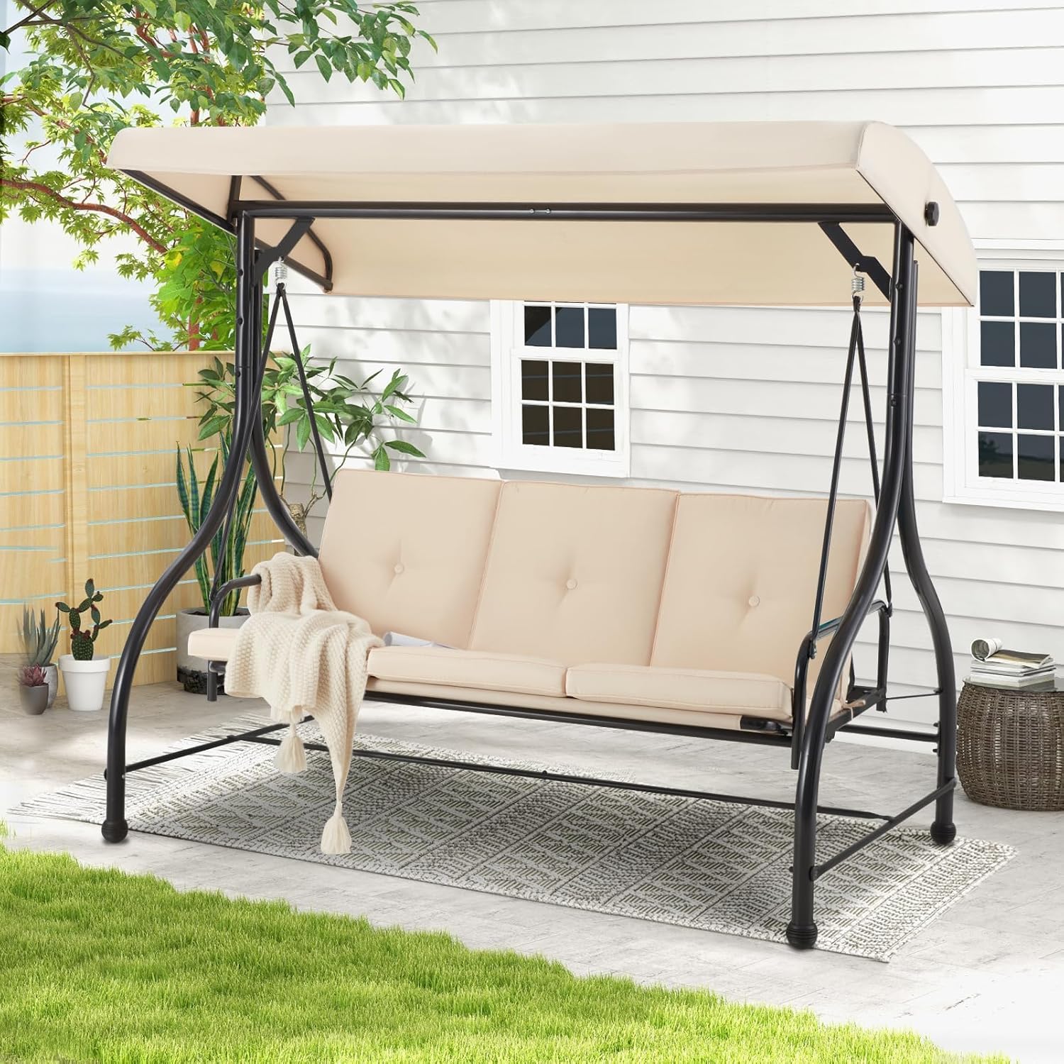 Beige 3 Seater Garden Swing Bed with Canopy