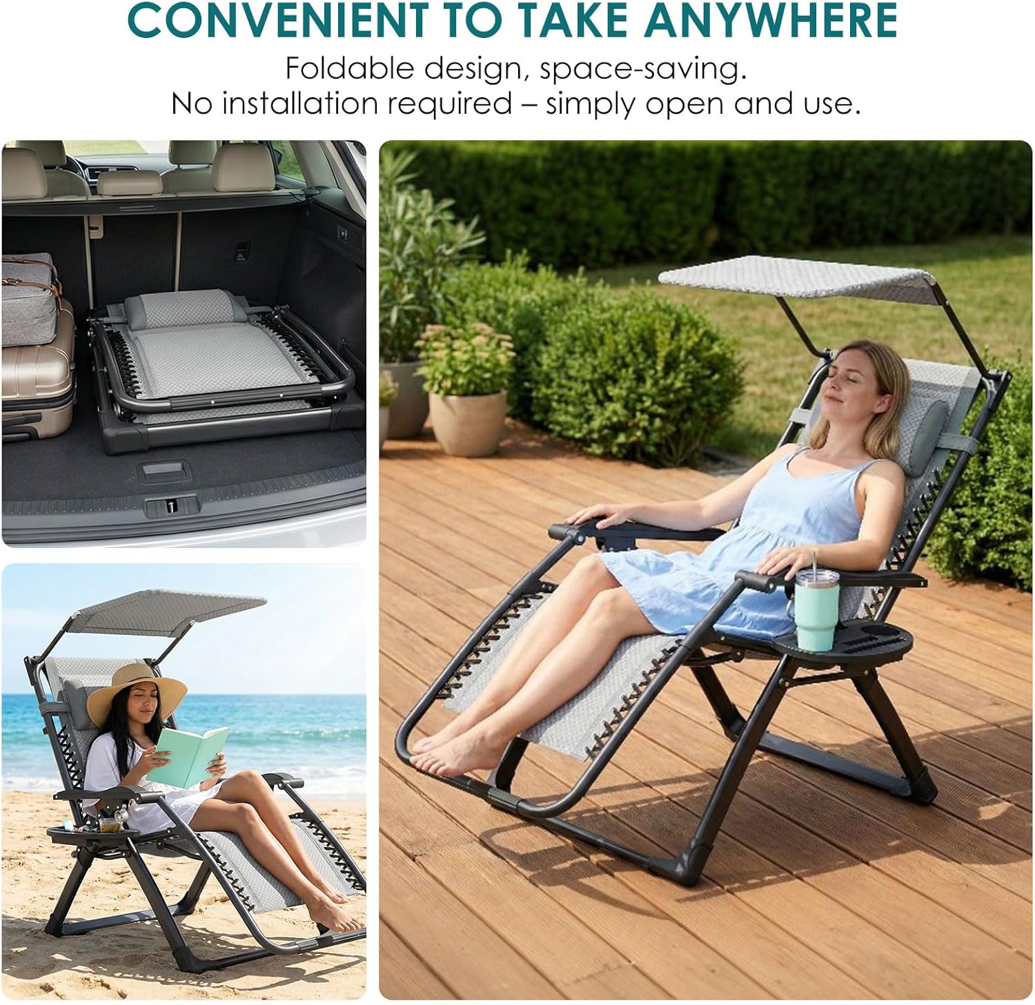 Zero Gravity Lounge Chair Foldable Recliner Canopy Cup Holder Grey