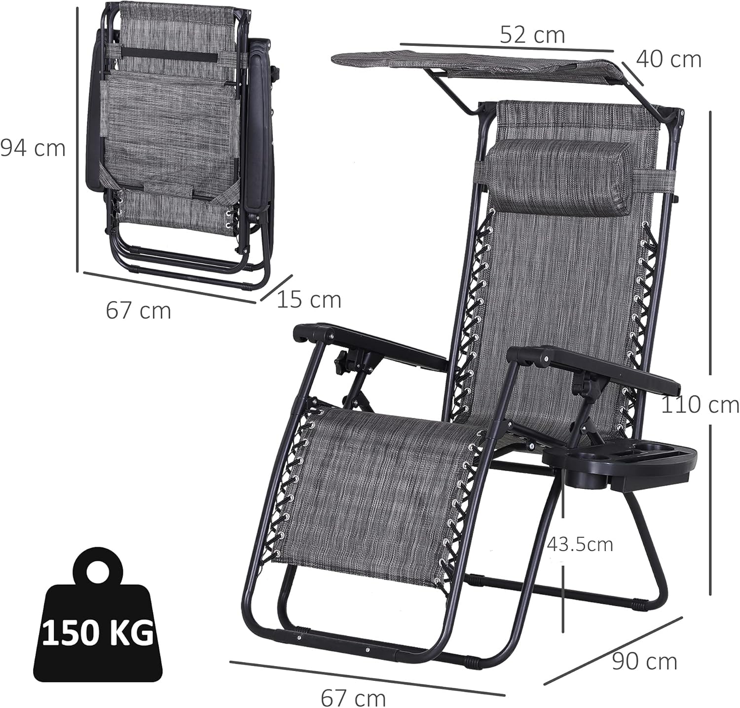 2 Zero Gravity Sun Lounger Chairs Foldable with Canopy Grey