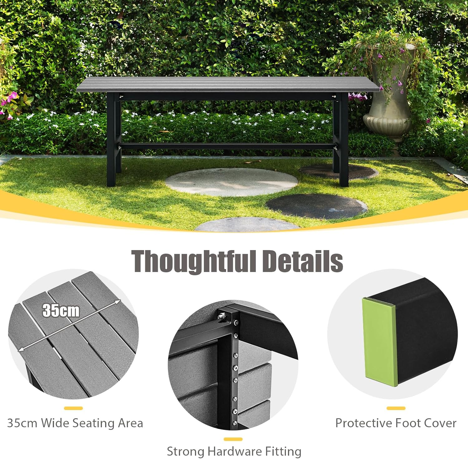 2 Seater HDPE Garden Bench Metal Frame Outdoor Patio Seat Grey