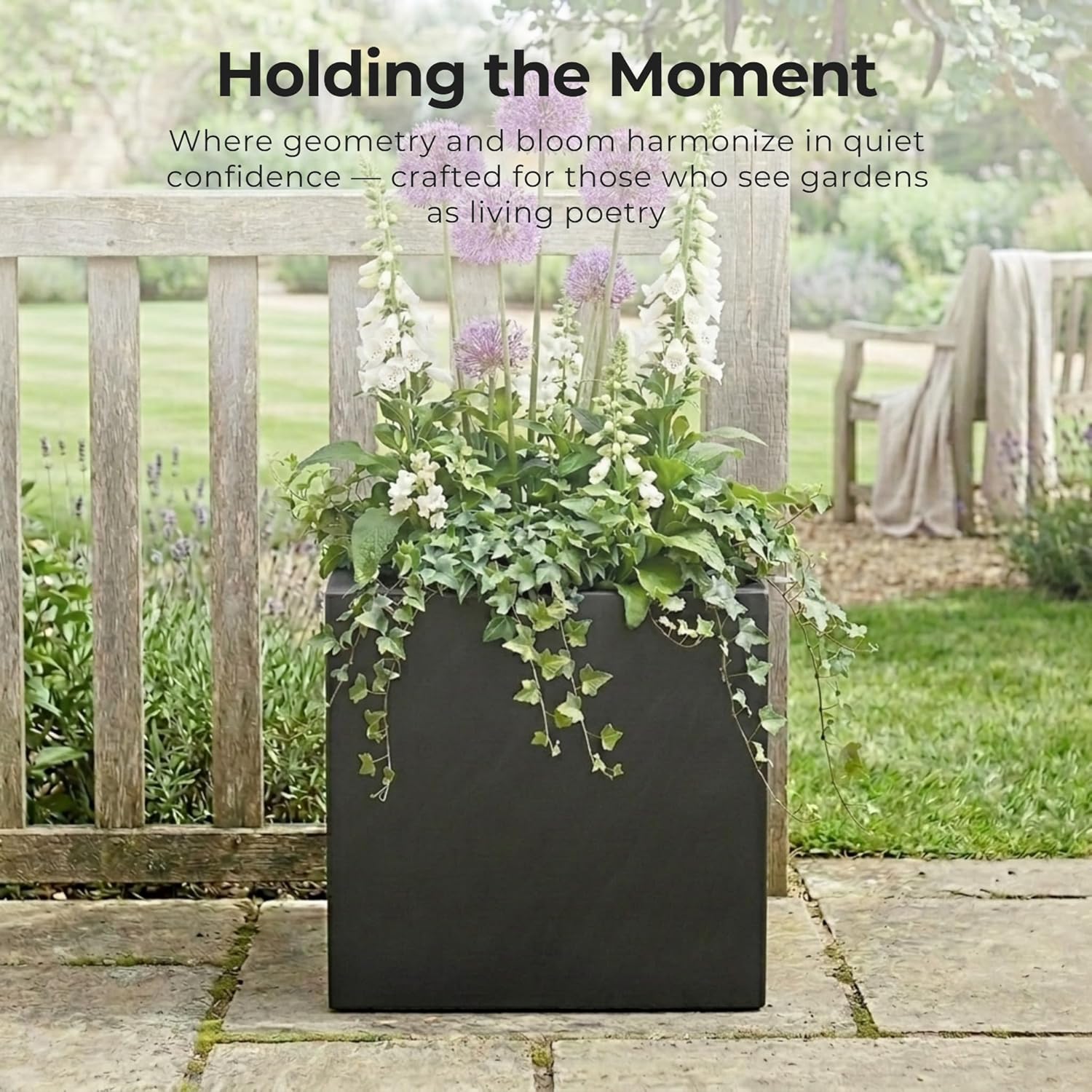 30cm Black Square Planter Stone Effect Garden Pot Drainage