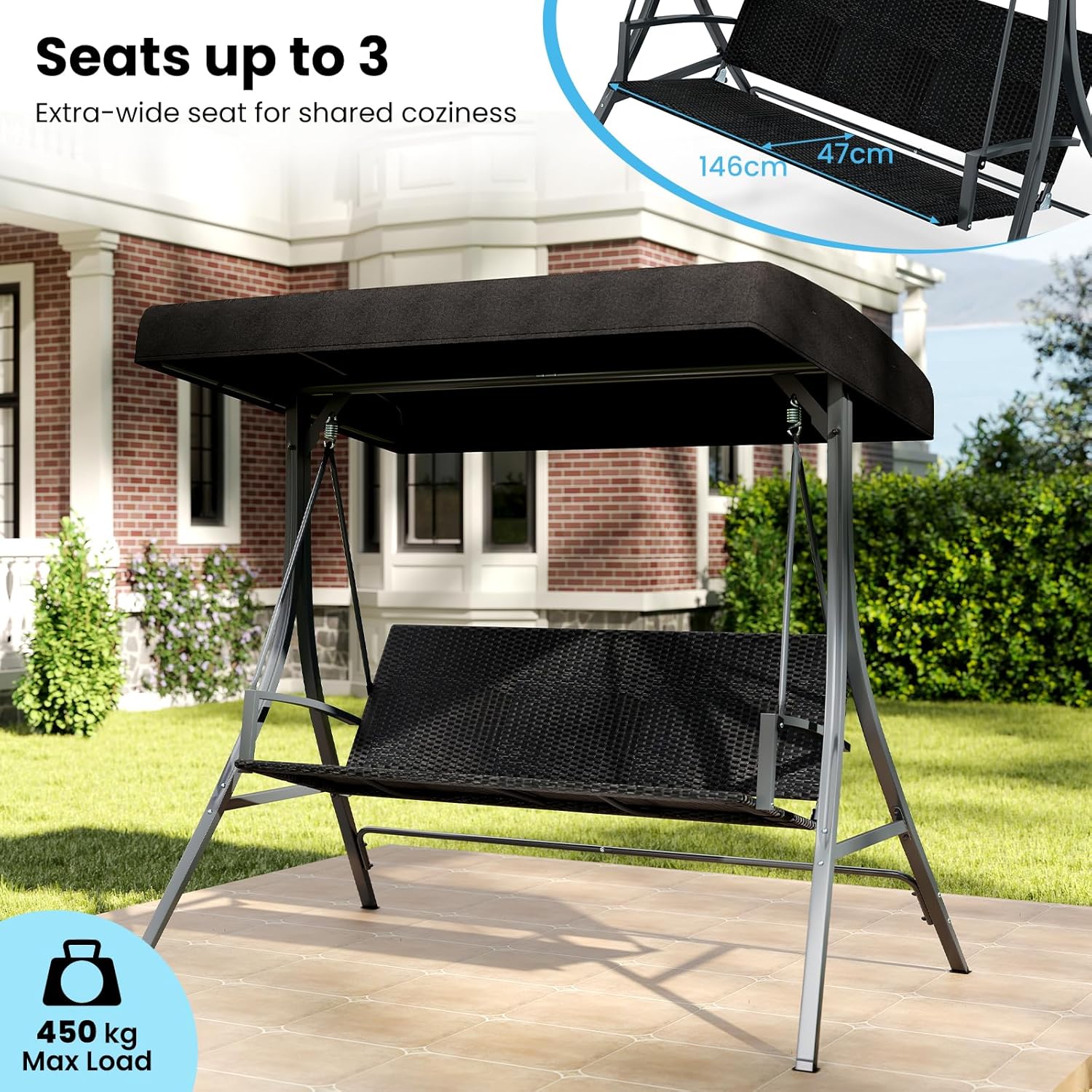 3 Seater Garden Swing Chair Rattan Canopy Bench Black