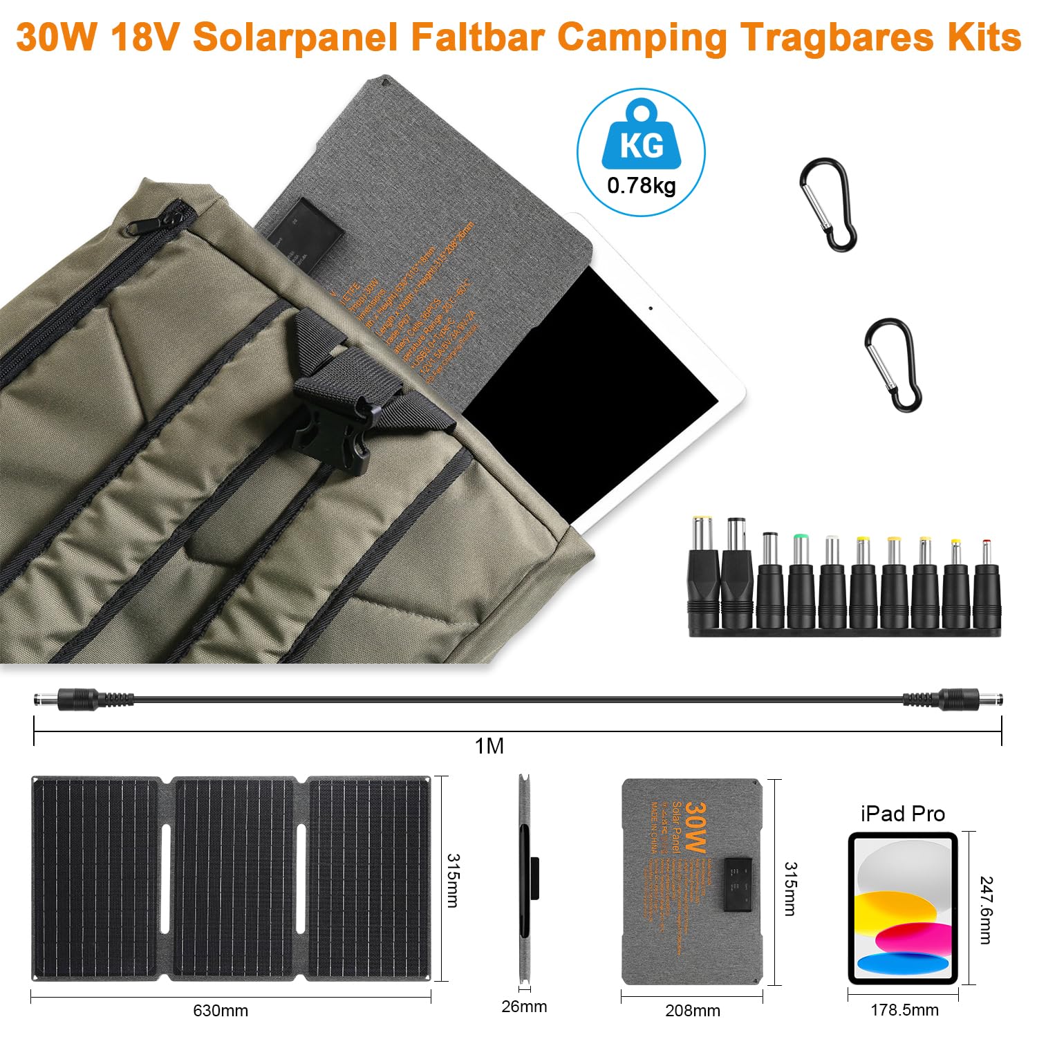 30W Portable Solar Panel Foldable USB C DC Charger Camping