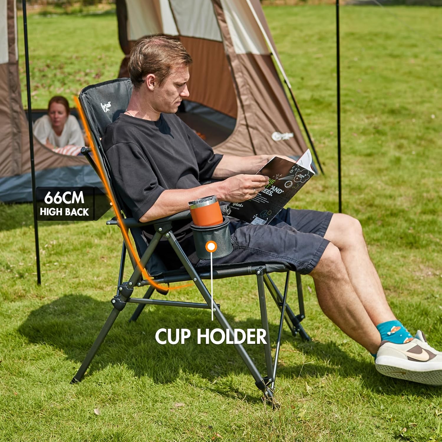High Back Folding Camping Chair 180kg Heavy Duty Black
